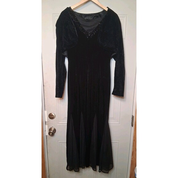 Scott McClintock Luxurious Plush Jet Black Velvet &Beads Maxi Dress & Jacket Set - Picture 1 of 4